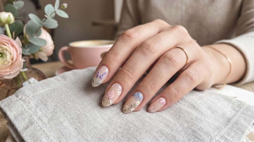 Delicate floral nail art featuring soft flower patterns, elegant pastel tones, and stylish glossy manicure design.