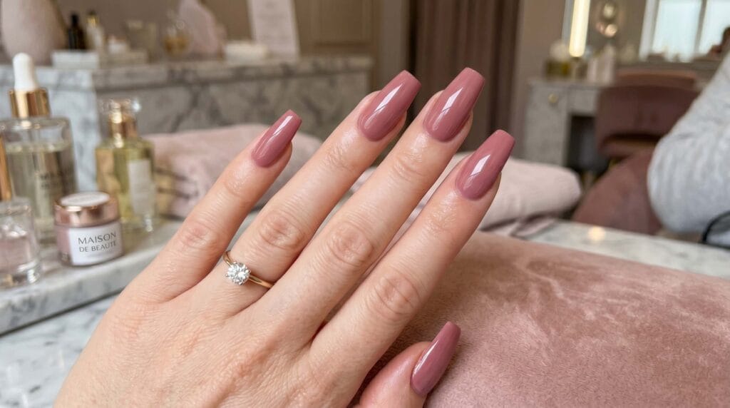 Glossy dusty rose coffin-shaped nails with elegant acrylic finish.