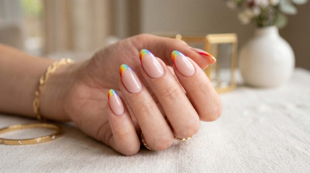 Close-up of elegant nails featuring rainbow-colored French tips on a natural base with a glossy, stylish manicure finish.