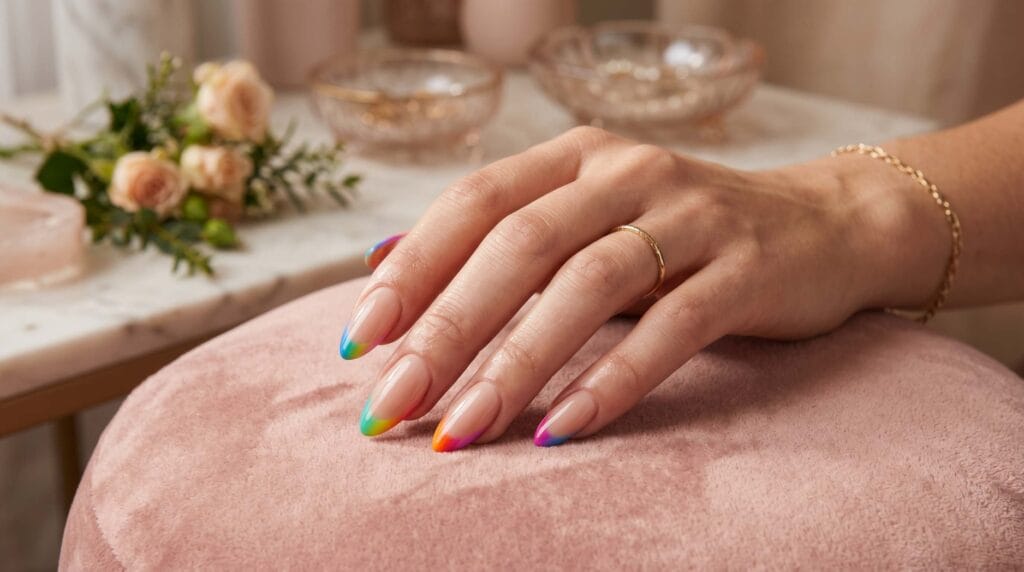 Close-up view of neatly shaped nails with colorful rainbow French tips on a natural base, featuring a glossy and elegant manicure finish.