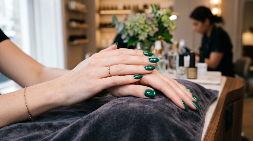 Close-up of emerald green glossy nails with a rich, smooth finish and elegant manicure style.