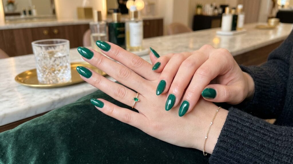Close-up of long nails painted in rich emerald green with a smooth glossy finish and elegant manicure style.