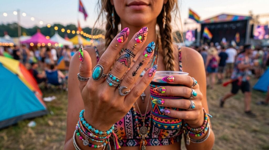 Close-up of festival-inspired boho style nails featuring artistic patterns, vibrant details, and a stylish glossy manicure finish.