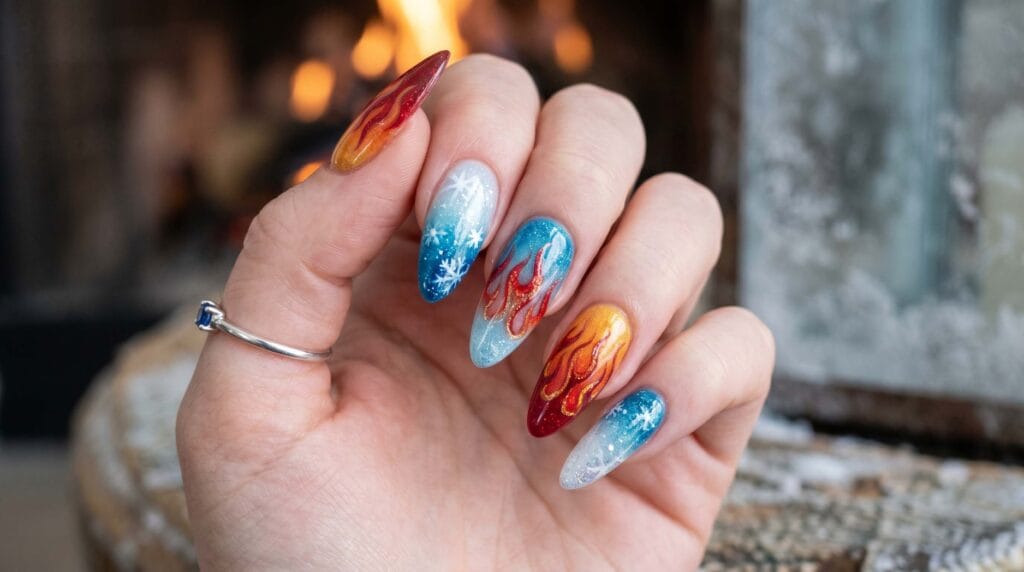 Close-up of fire and ice inspired nail design with contrasting warm and cool tones, glossy finish, and artistic manicure style.