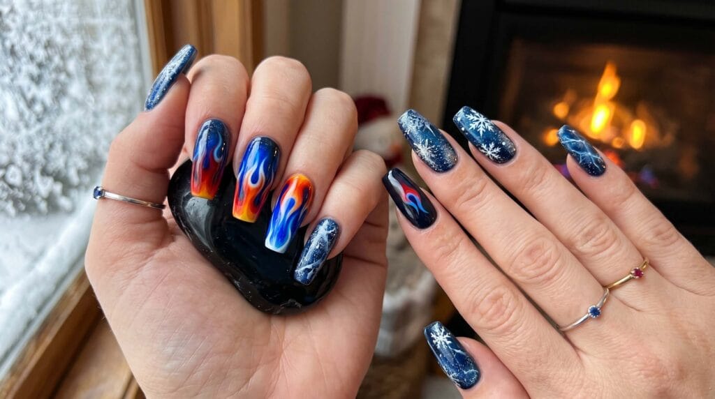 Close-up of fire and ice inspired nails featuring contrasting warm and cool tones with a glossy, artistic manicure finish.