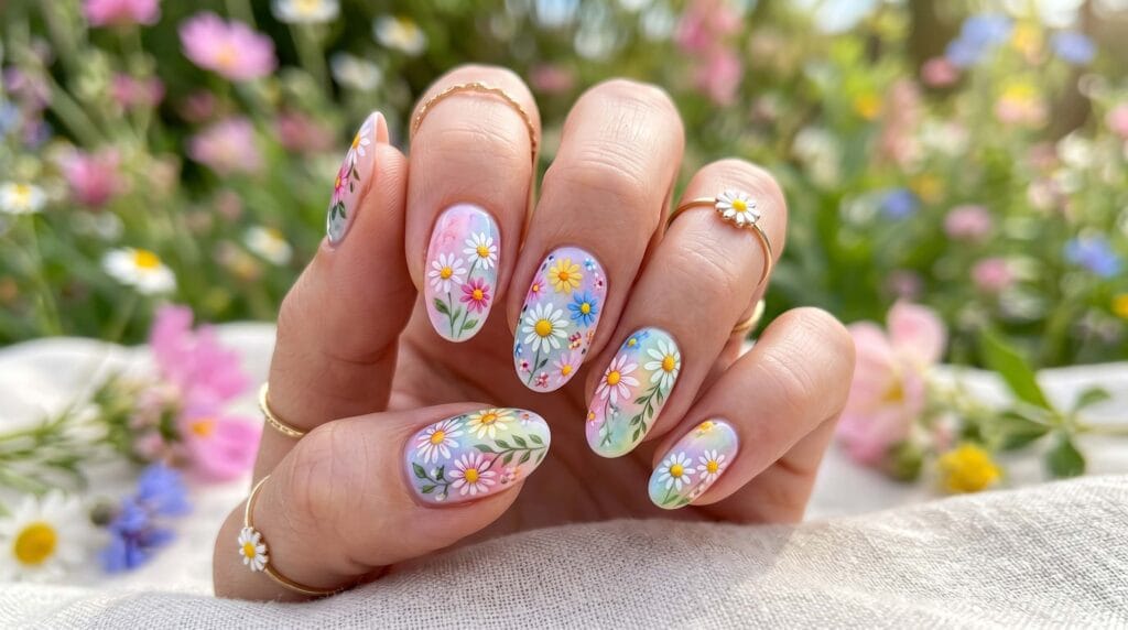Close-up of floral spring nail art featuring delicate flower patterns on a glossy, stylish manicure base.