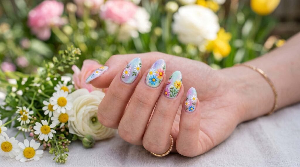 Close-up of floral spring nail art with delicate flower details on a glossy manicure base, giving a fresh and elegant look.
