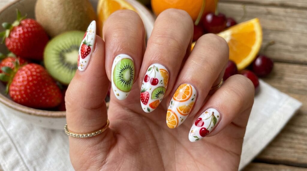 Close-up of fruit-inspired nail design featuring playful colorful fruit patterns on a glossy, creative manicure base.