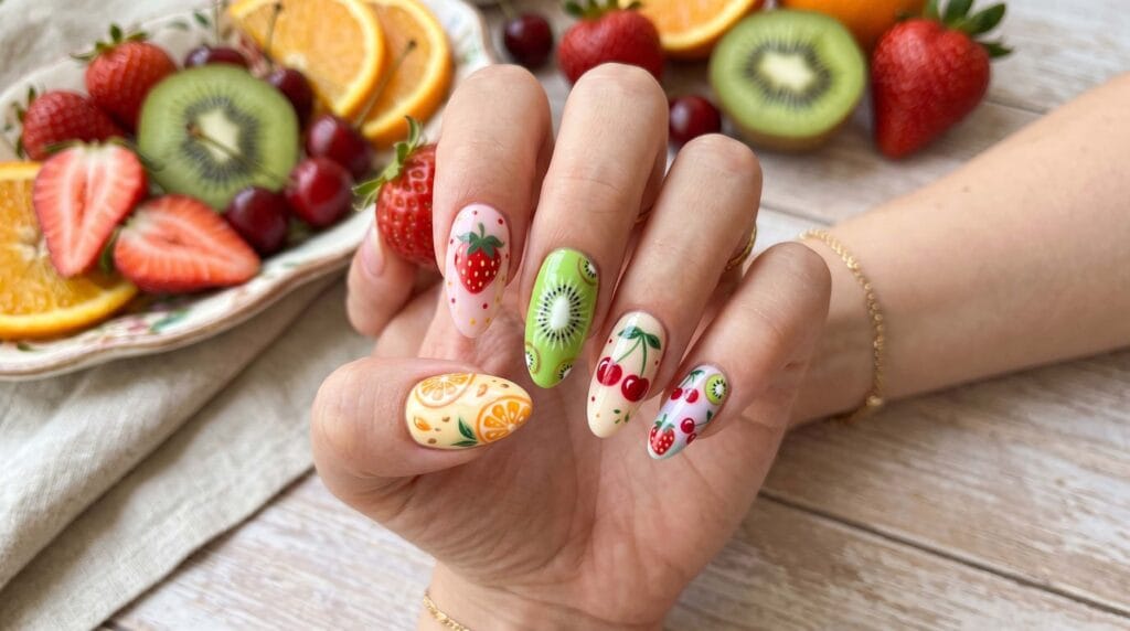 Close-up of fruit-inspired nail design with bright, playful fruit patterns on a glossy manicure base for a fresh summer look.