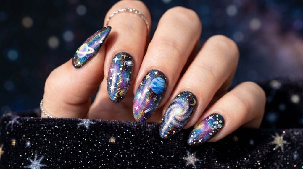 Close-up of galaxy-inspired colorful nails featuring star patterns and a glossy cosmic-style manicure finish.