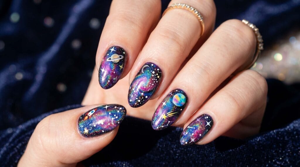 Close-up of galaxy-inspired colorful nails featuring star patterns and a glossy cosmic-style manicure finish.