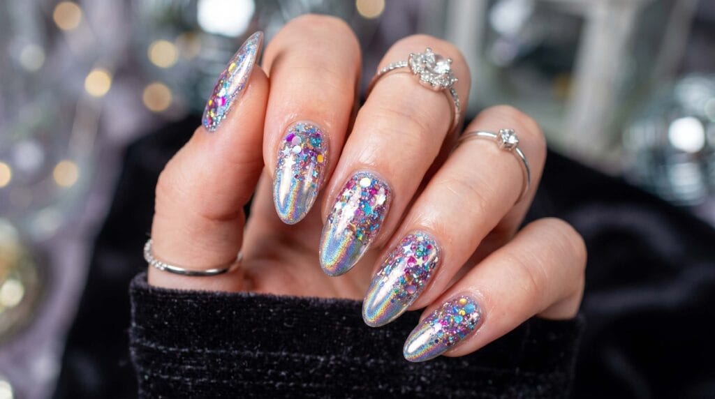 Close-up of glitter explosion nails with holographic shimmer, sparkling reflective finish, and bold glossy manicure style.
