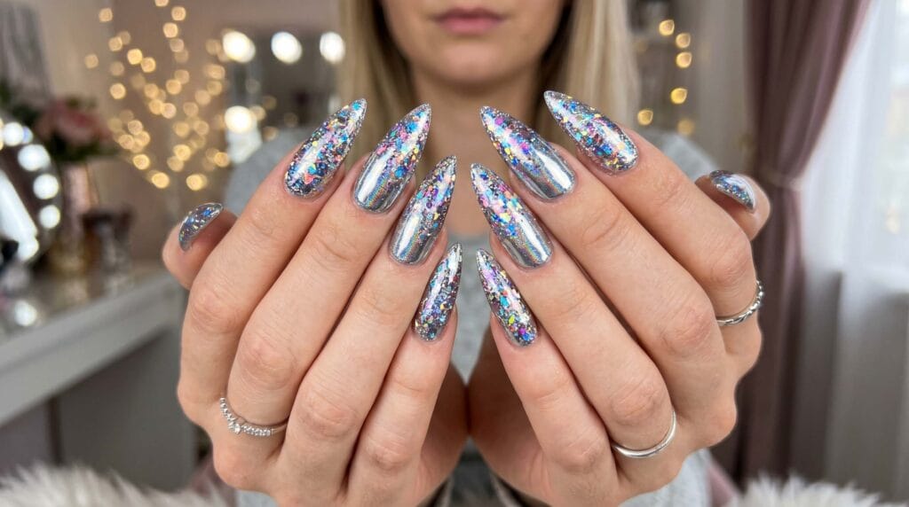 Close-up of holographic glitter explosion nails with a shiny reflective finish and bold sparkling manicure style.