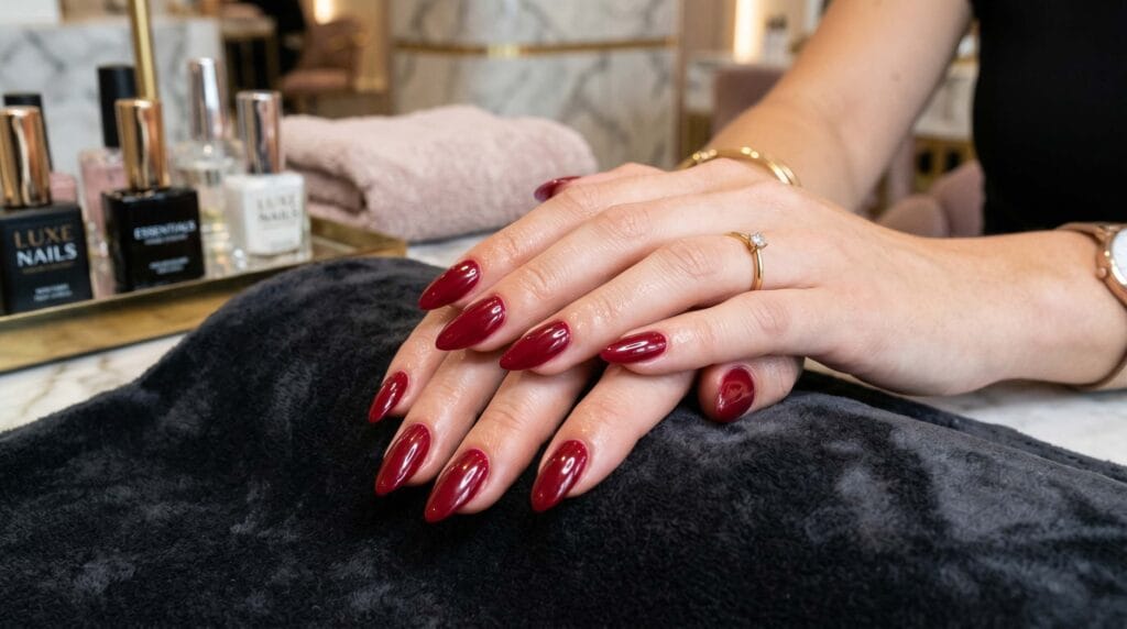 Close-up of almond-shaped nails in deep deep red shade with a shiny glossy finish and smooth elegant manicure style.