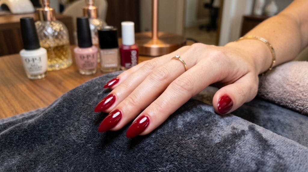 Close-up of almond-shaped nails painted in deep red with a smooth glossy finish and elegant manicure style.