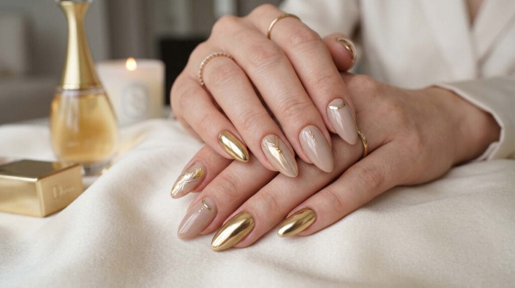 Close-up of almond-shaped nails in deep deep red shade with a shiny glossy finish and smooth elegant manicure style.
