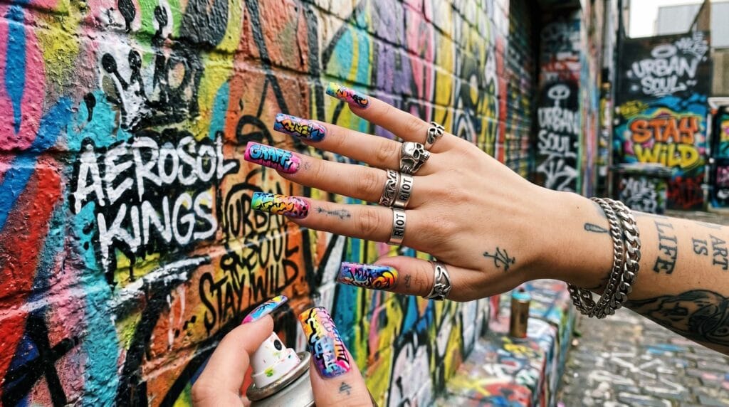 Close-up of graffiti street art nails with colorful abstract patterns, bold detailing, and a glossy artistic manicure finish.
