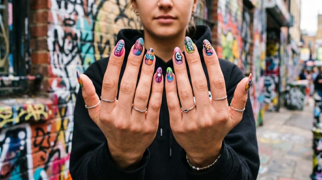 Close-up of nails featuring graffiti-inspired street art patterns with bold colors and a glossy, artistic manicure finish.