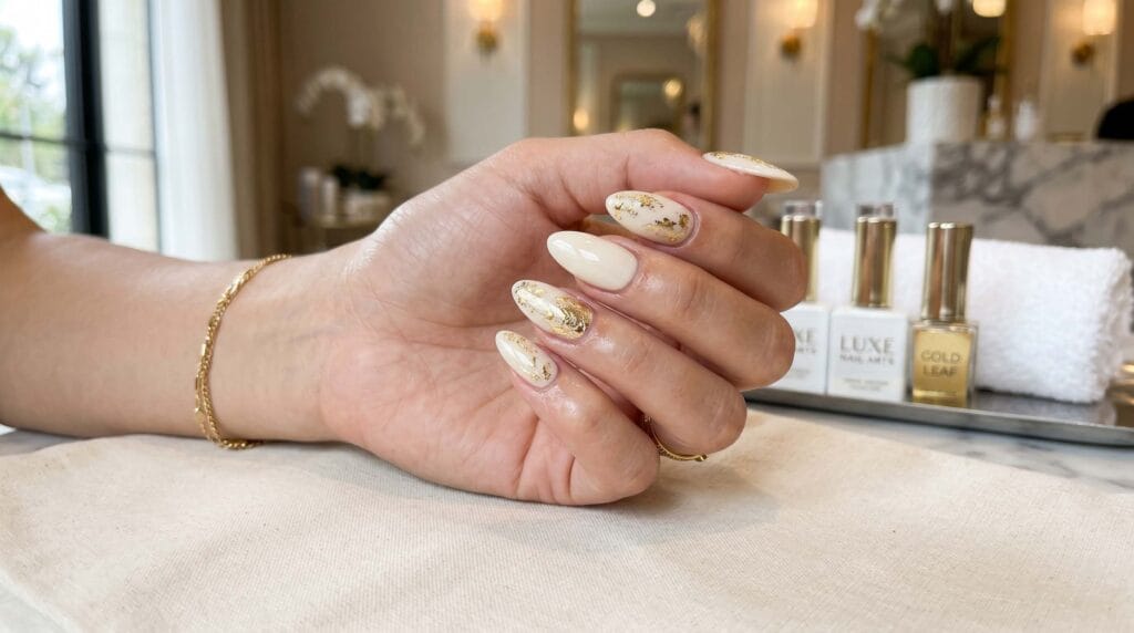 Close-up of ivory-colored nails decorated with gold foil accents, featuring a glossy and elegant luxury manicure finish.