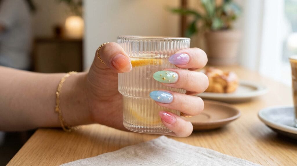 Close-up of Korean jelly nails featuring a sheer transparent look with soft glossy finish and minimal modern manicure design.