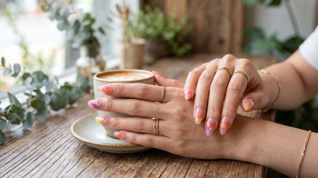 Close-up of Korean jelly nails with transparent glossy finish, soft tinted color, and a smooth modern manicure style.