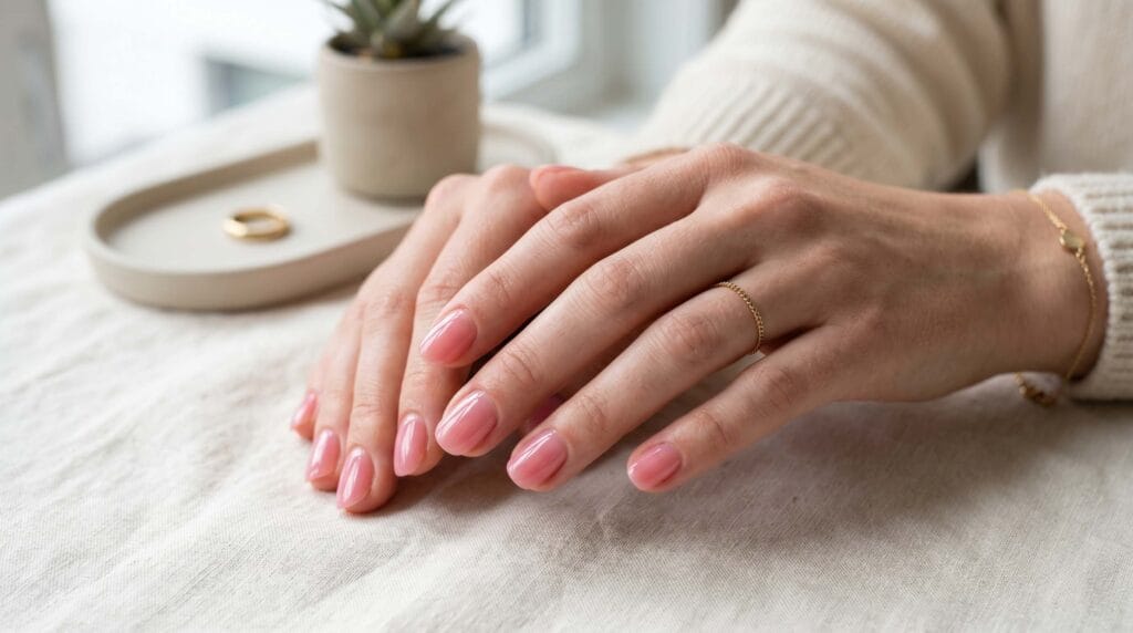 Close-up of lip gloss style nails with ultra glossy, sheer pink finish and smooth natural-looking manicure.