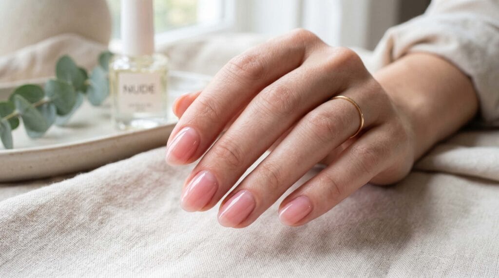 Close-up of lip gloss style nails with ultra shiny sheer pink finish and smooth natural glossy manicure look.