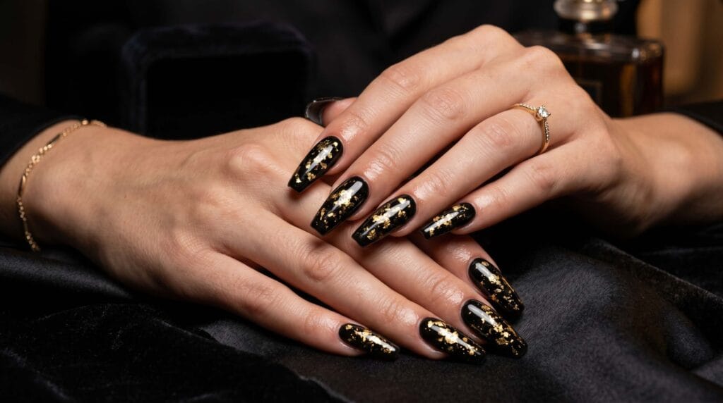 Close-up of long coffin-shaped nails featuring black polish with a glossy and sleek elegant manicure finish.