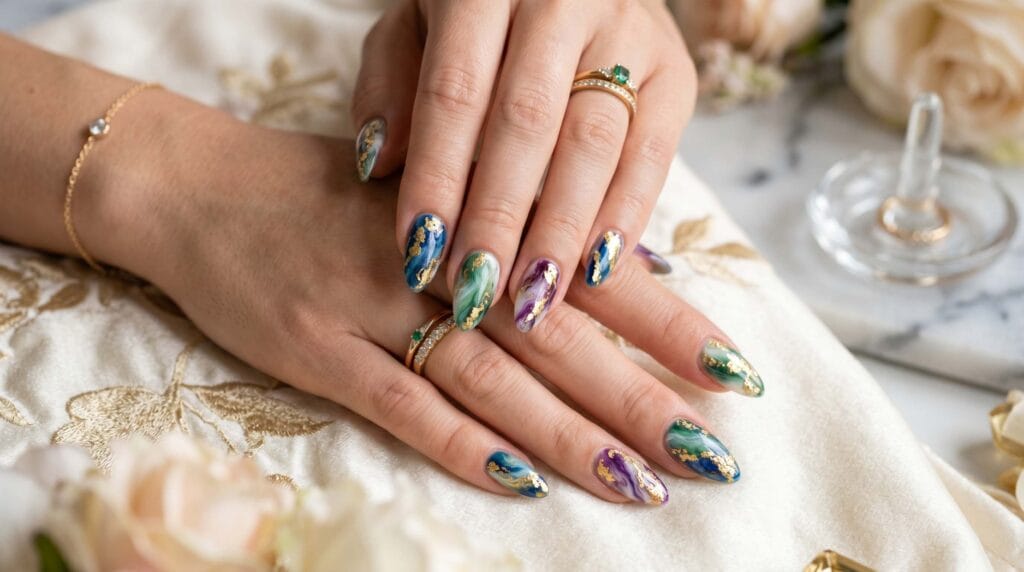 Close-up of luxury multicolor marble nails with swirling patterns, glossy finish, and elegant artistic manicure style.
