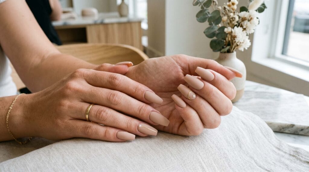Close-up of coffin-shaped nails in matte beige color with a smooth minimalist and elegant manicure finish.