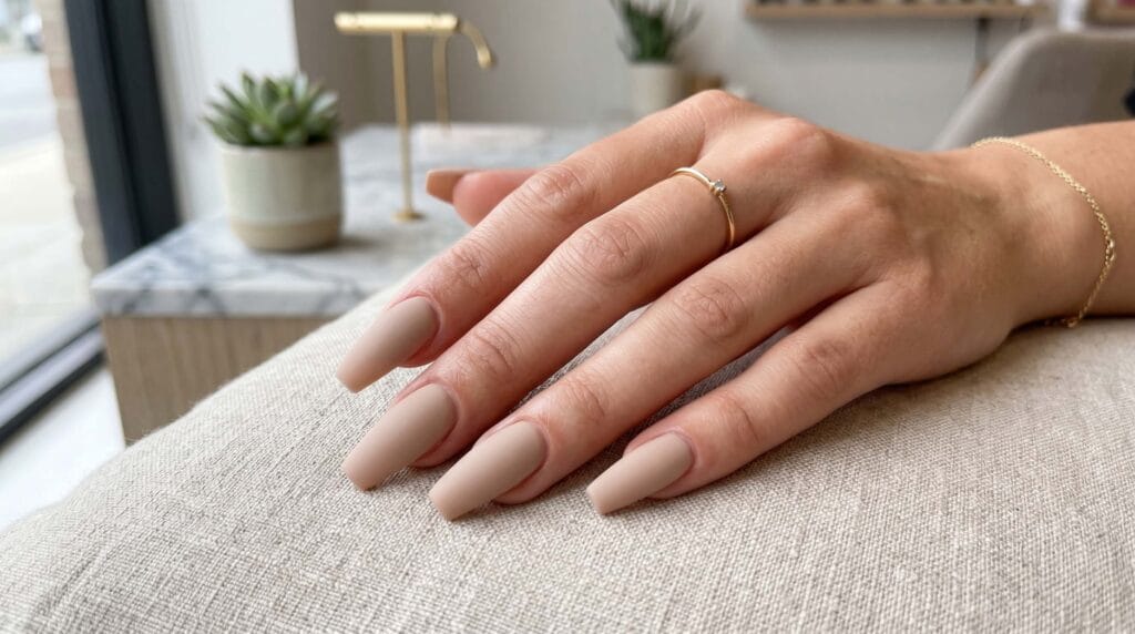 Close-up of coffin-shaped nails in matte beige shade featuring a clean minimalist style and smooth elegant manicure finish.