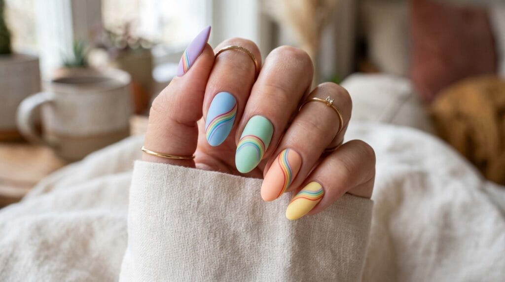 Close-up of matte pastel-colored nails with a soft minimalist style and smooth, elegant manicure finish.