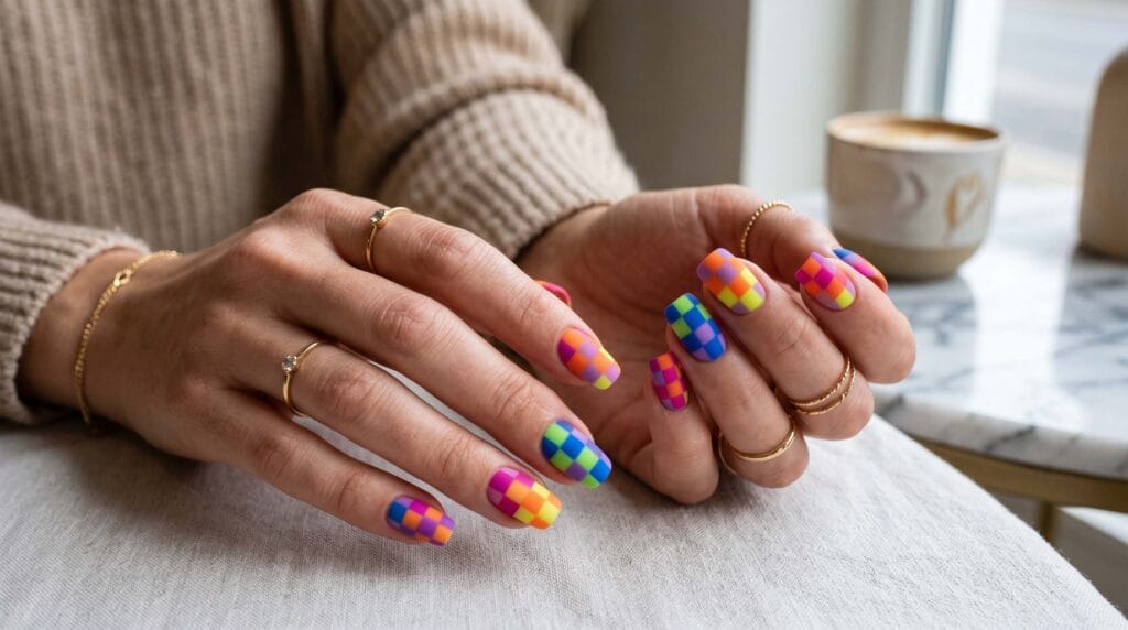 Close-up of matte rainbow checkerboard nails featuring bold colorful square patterns and a smooth modern manicure finish.