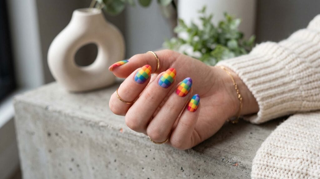 Close-up of matte rainbow checkerboard nail design featuring colorful square patterns and a trendy artistic manicure finish.