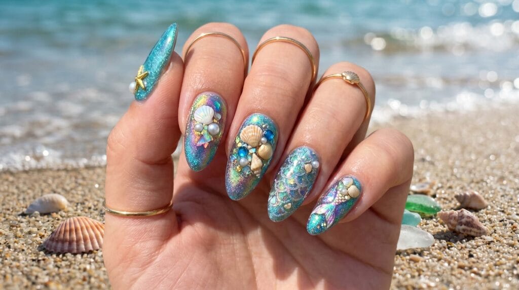 Close-up of mermaid-inspired colorful nails with shimmering ocean tones and a glossy, fantasy-style manicure finish.