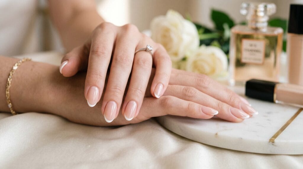 Close-up of ultra-thin micro French manicure with delicate white tips on natural nails and a clean, glossy elegant finish.