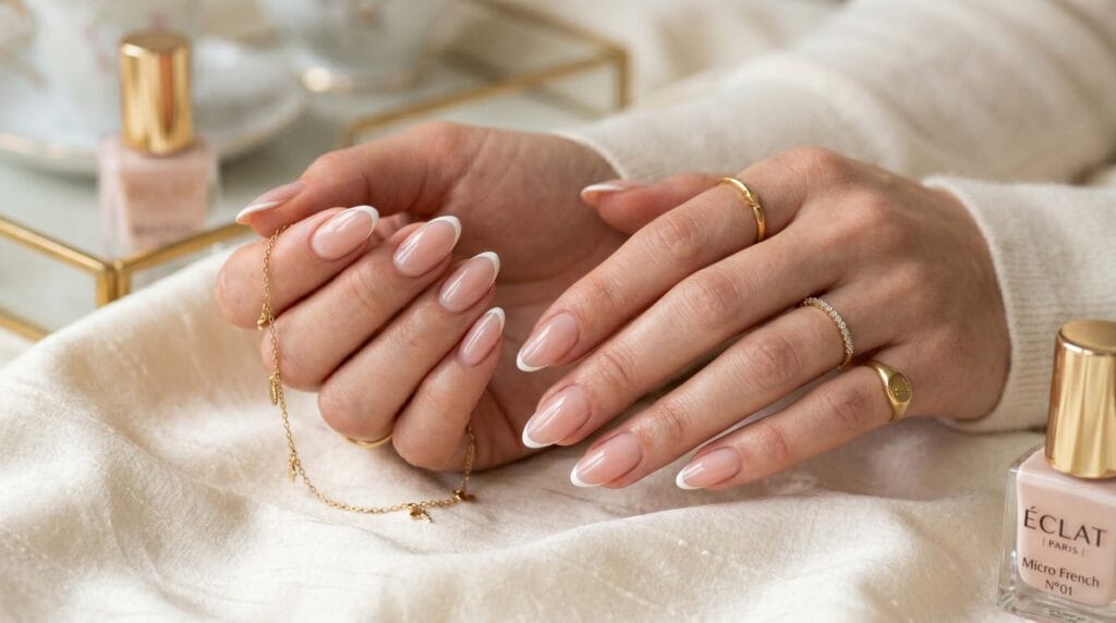 Close-up of micro French manicure featuring ultra-thin white tips on natural nails with a clean and elegant glossy finish.