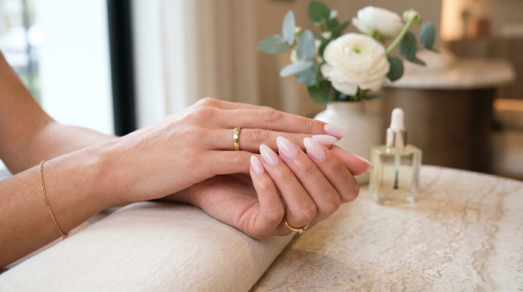 Close-up of almond-shaped nails in milky white shade with a soft minimalist and glossy elegant manicure finish.