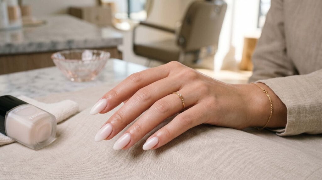 Close-up of almond-shaped nails in milky white color with a smooth minimalist style and glossy elegant manicure finish.