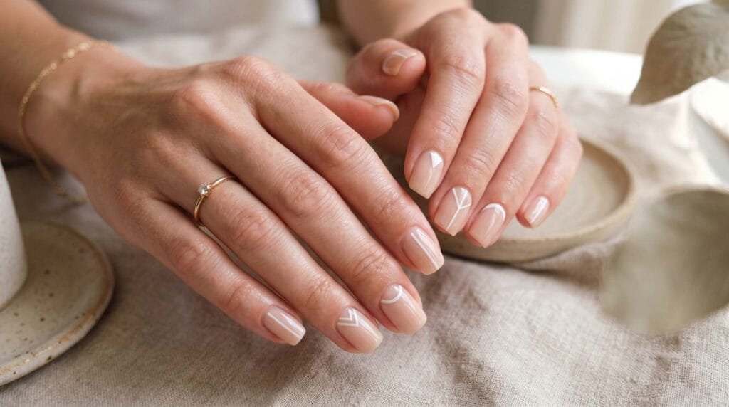 Close-up of minimal negative space nail art featuring clean geometric patterns with natural nail areas and a glossy modern manicure finish.