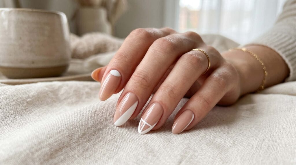 Close-up of minimal negative space nail art with geometric patterns, natural nail accents, and a glossy modern manicure finish.