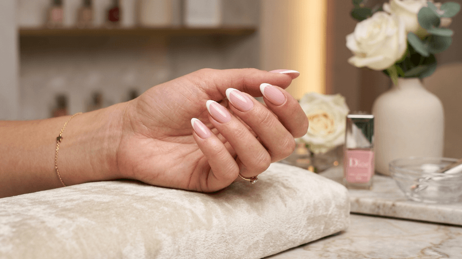 Close-up of modern French tip manicure with soft pink base and clean white tips, featuring a glossy, elegant salon-style finish.