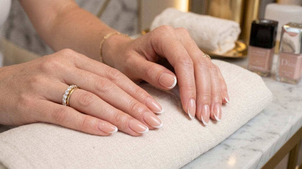 Close-up of modern French tip nails featuring soft pink base with crisp white tips and a glossy, clean manicure finish.
