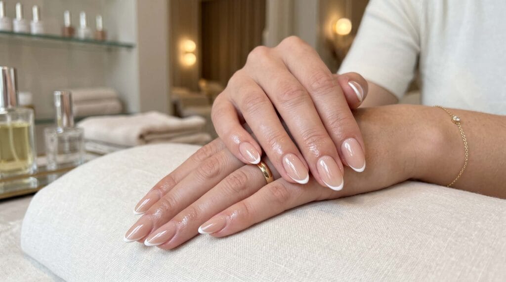 Close-up of modern French tip nails with a soft pink base and clean white tips, featuring a glossy and elegant manicure finish.