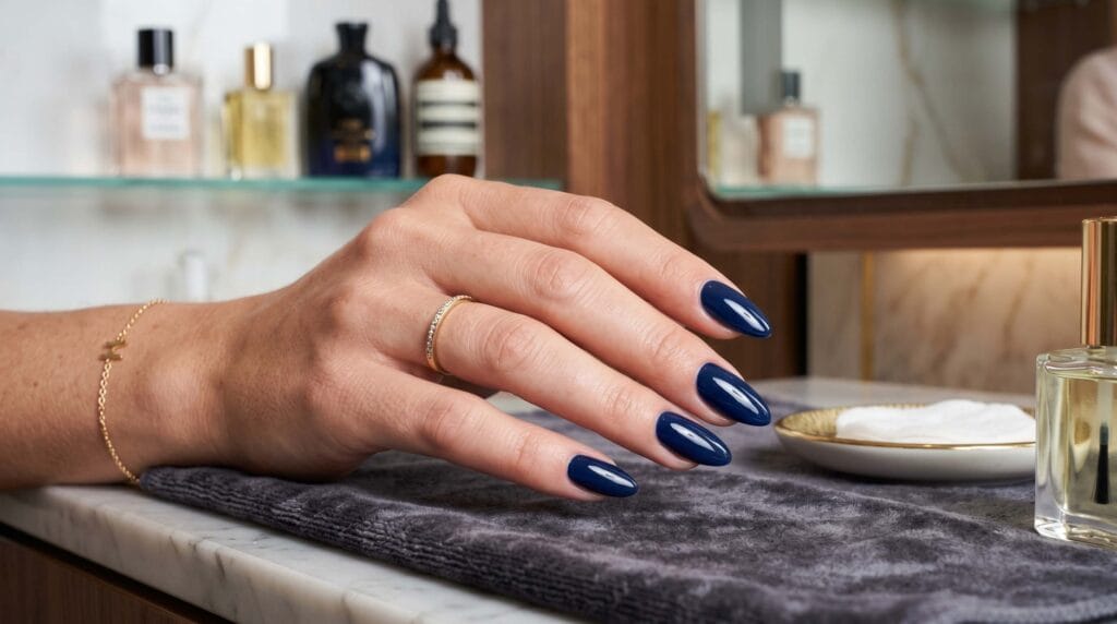 Close-up of navy blue glossy nails with a deep rich tone and smooth elegant manicure finish.