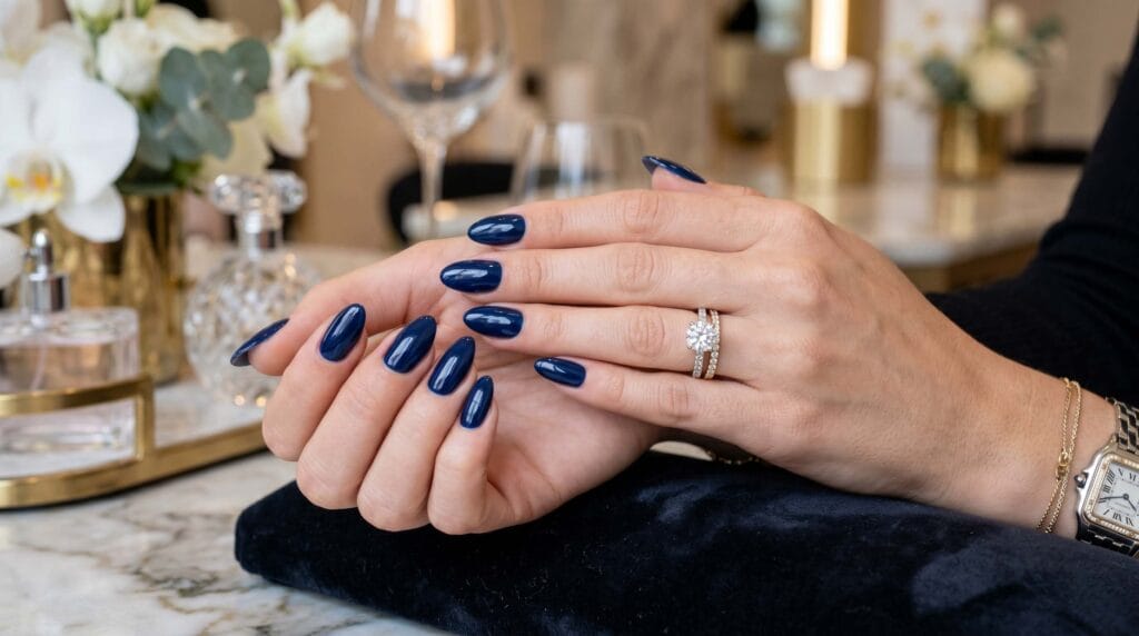 Close-up of deep navy blue glossy nails with a smooth rich finish and elegant manicure style.