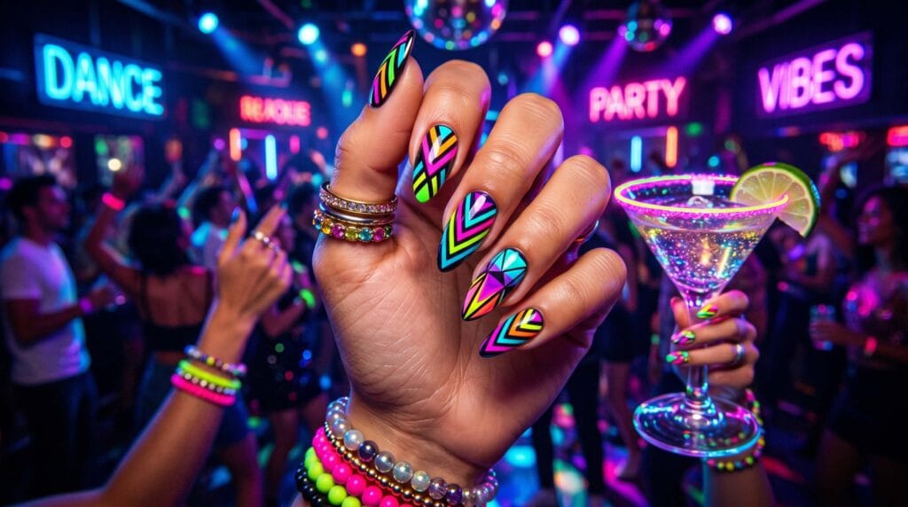 Close-up of neon abstract nail design featuring bright colorful patterns and a glossy modern artistic manicure finish.