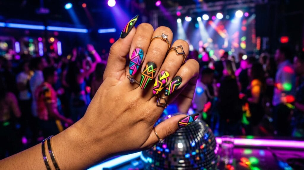 Close-up of neon abstract nail art featuring bright pink, blue, yellow, and green color patterns on stylish manicured nails.