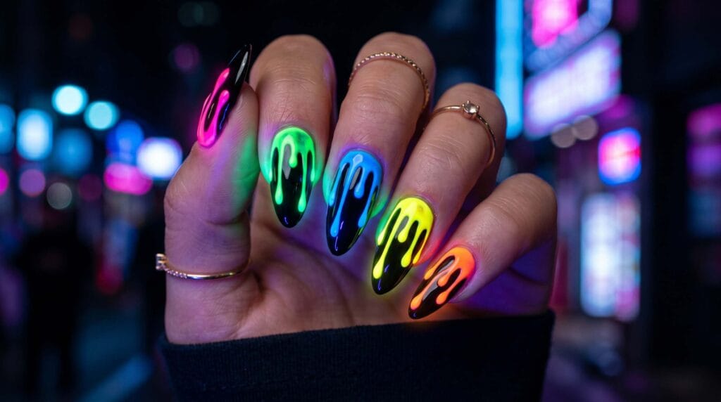 Close-up of neon drip nail art featuring bright flowing paint-like patterns and a glossy, edgy manicure finish.