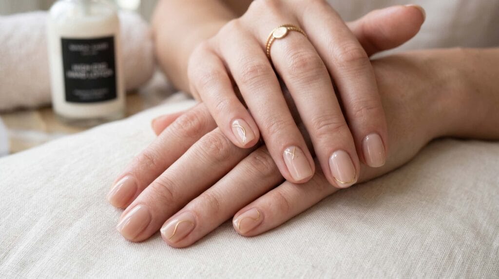 Close-up of nude nails decorated with delicate gold accents, featuring a glossy and refined elegant manicure finish.